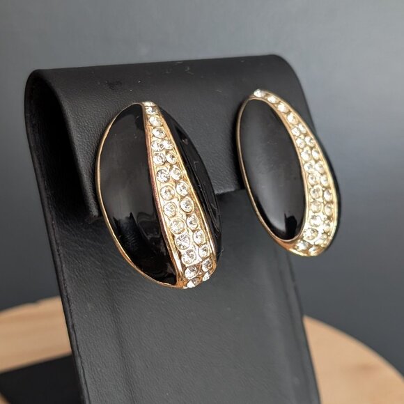 Vintage black enamel clip on earrings with gold and cz accents - Picture 3 of 8